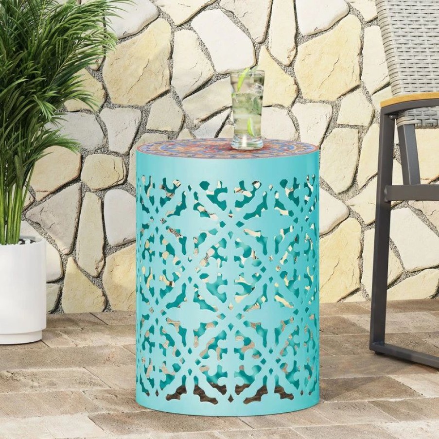 Outdoor Lounge Furniture * | Gdfstudio Misael Outdoor Lace Cut Side Table With Tile Top, Teal/Multi-Color