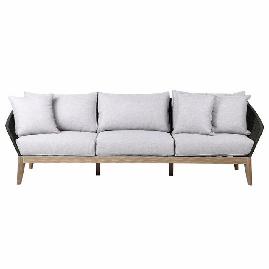 Outdoor Lounge Furniture * | Armen Living Athos Outdoor 3 Seater Sofa With Latte Rope And Gray Cushions, Light Eucalyptus