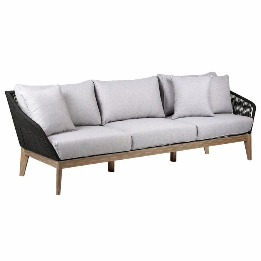 Outdoor Lounge Furniture * | Armen Living Athos Outdoor 3 Seater Sofa With Latte Rope And Gray Cushions, Light Eucalyptus