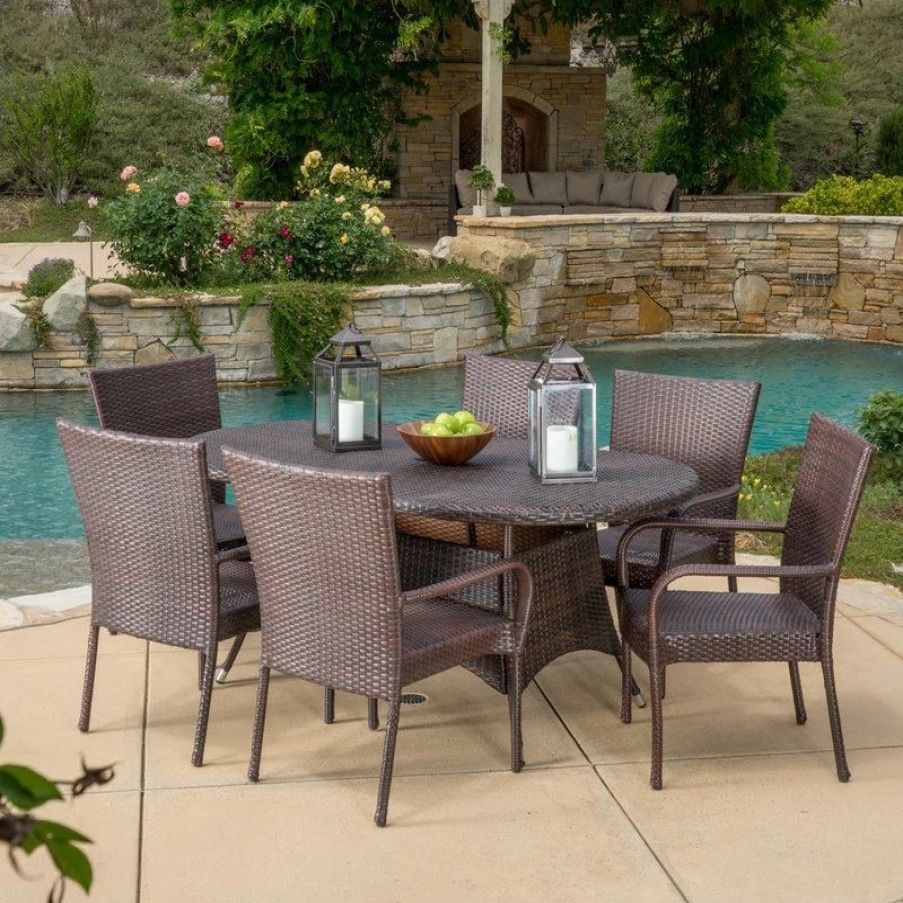 Outdoor Dining Furniture * | Gdfstudio Gdf Studio 7-Piece Kory Outdoor Multibrown Wicker Round Dining Set