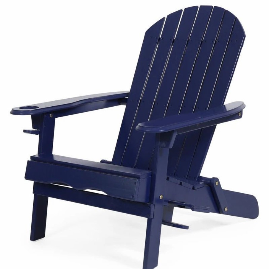 Outdoor Chairs * | Gdfstudio Yadiel Outdoor Acacia Wood Folding Adirondack Chair, Navy Blue