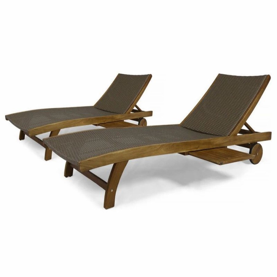 Outdoor Chairs * | Gdfstudio Gdf Studio Kimberley Outdoor Chaise Lounge With Pull-Out Tray, Set Of 2, Brown/T