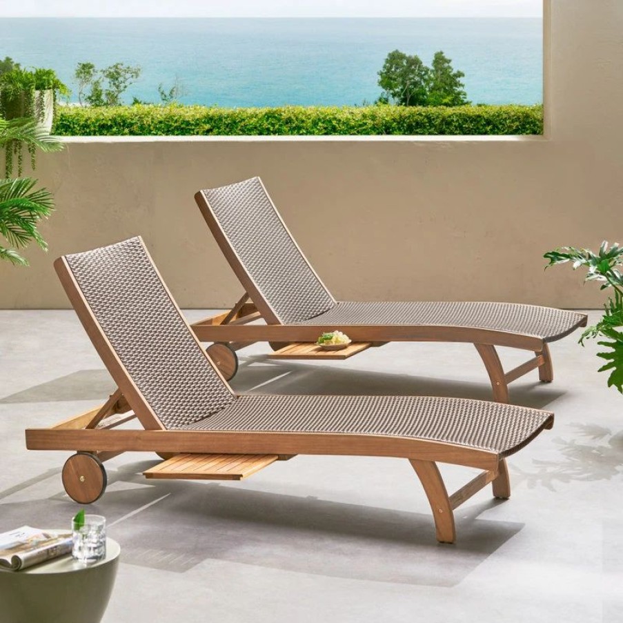 Outdoor Chairs * | Gdfstudio Gdf Studio Kimberley Outdoor Chaise Lounge With Pull-Out Tray, Set Of 2, Brown/T