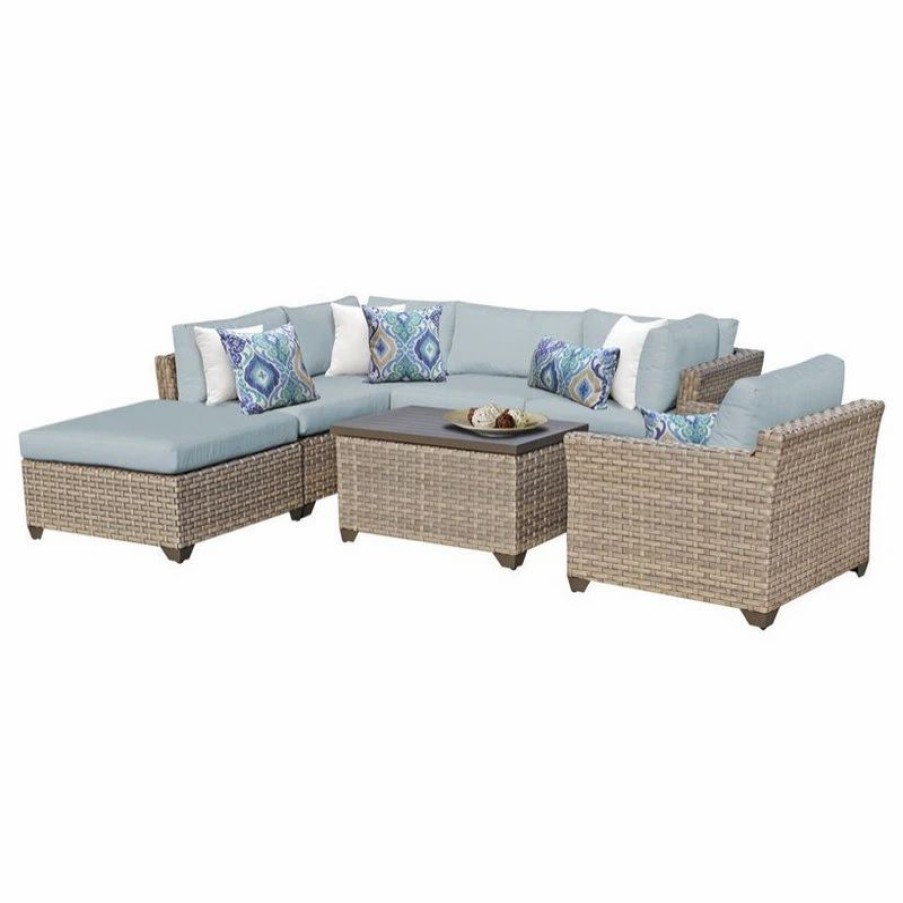 Outdoor Lounge Furniture * | Tkclassics Tk Classics Monterey 7 Pc Outdoor Wicker Sectional Sofa Set In Light Blue