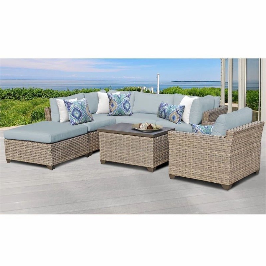 Outdoor Lounge Furniture * | Tkclassics Tk Classics Monterey 7 Pc Outdoor Wicker Sectional Sofa Set In Light Blue