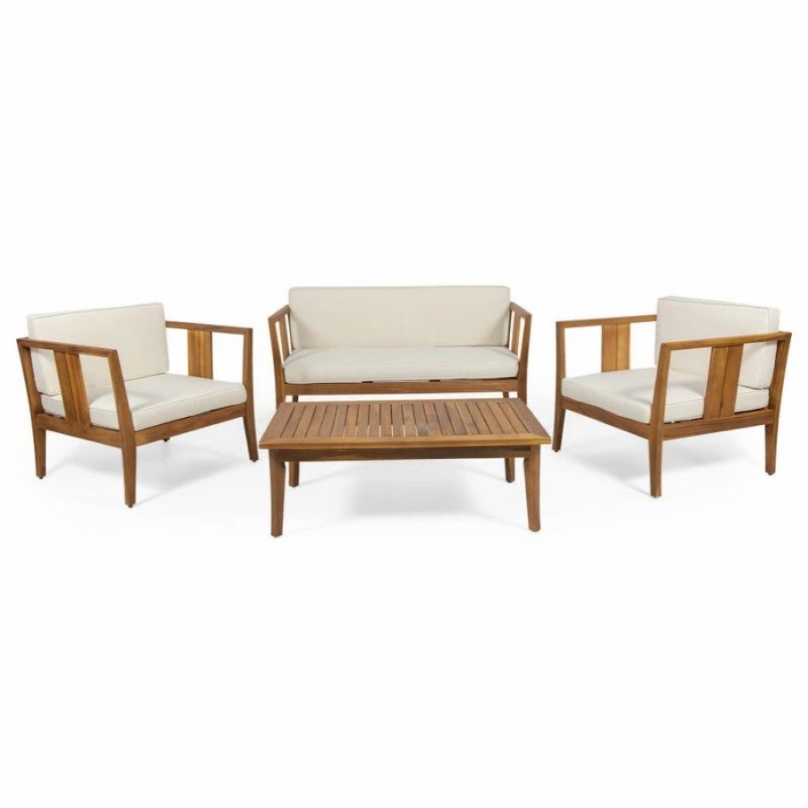 Outdoor Lounge Furniture * | Gdfstudio Huxley Outdoor 4-Seater Acacia Wood Chat Set, Teak/Beige