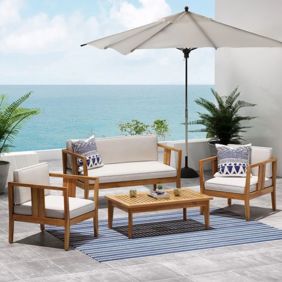 Outdoor Lounge Furniture * | Gdfstudio Huxley Outdoor 4-Seater Acacia Wood Chat Set, Teak/Beige