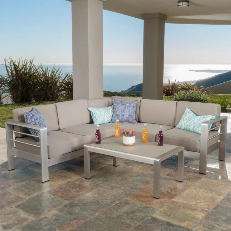 Outdoor Lounge Furniture * | Gdfstudio Crested Bay Outdoor Aluminum 5 Seater Sectional Sofa Set With Sunbrella Cushions